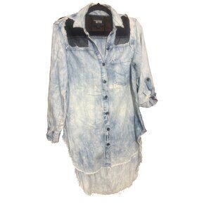 DAZL Chambray Shirt Black Mesh Long Tab Sleeves Longer Back Raw Edge Sz L